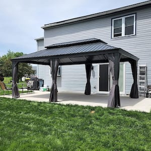 12 ft. x 20 ft. Gray Aluminum Hardtop Gazebo Canopy for Patio Deck Backyard Heavy-Duty with Netting and Upgrade Curtains