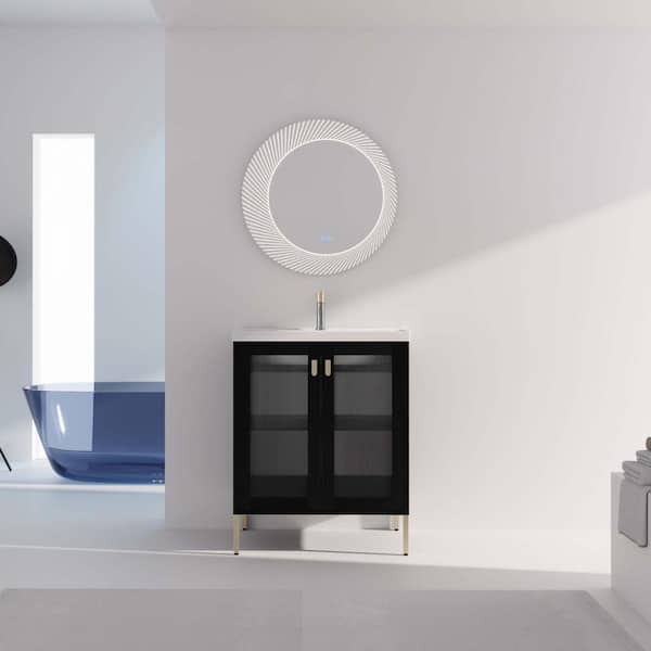 FUNKOL 27.8 in. W x 34.8 in. H Black Freestanding Bathroom Vanity with 1 White Ceramic Sink and Soft-Close Cabinet Door