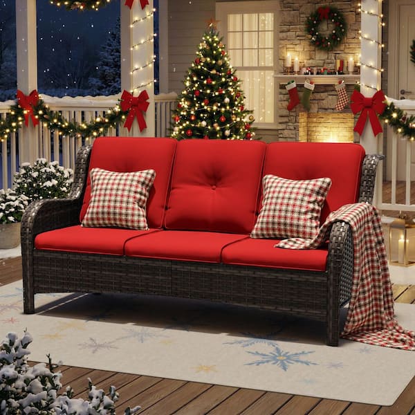 3-Seat Wicker Outdoor Patio Sofa Sectional Couch with Red Cushions