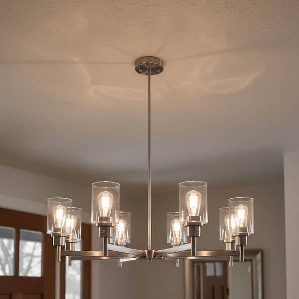 YANSUN 8-Light Brushed Nickel Industrial Chandelier with Clear Glass Cylinder Shades for Dining Room and Living Room