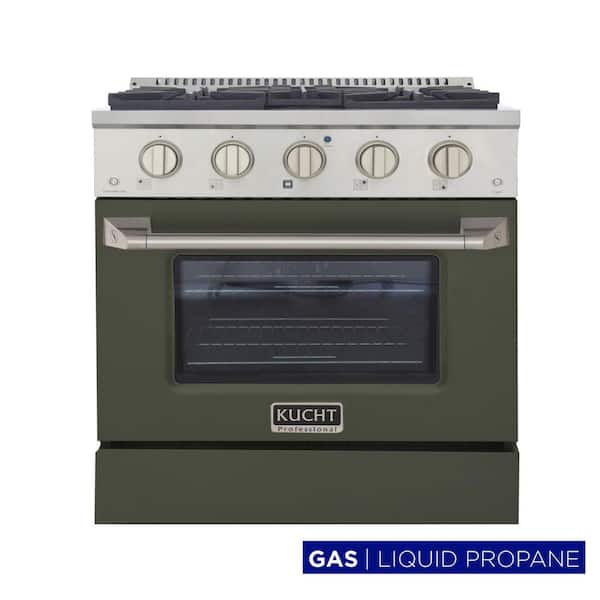 Pro-Style 30 in. 4.2 cu. ft. 4-Burner Propane Gas Range with Convection Oven in Stainless Steel & Olive Green Oven Door