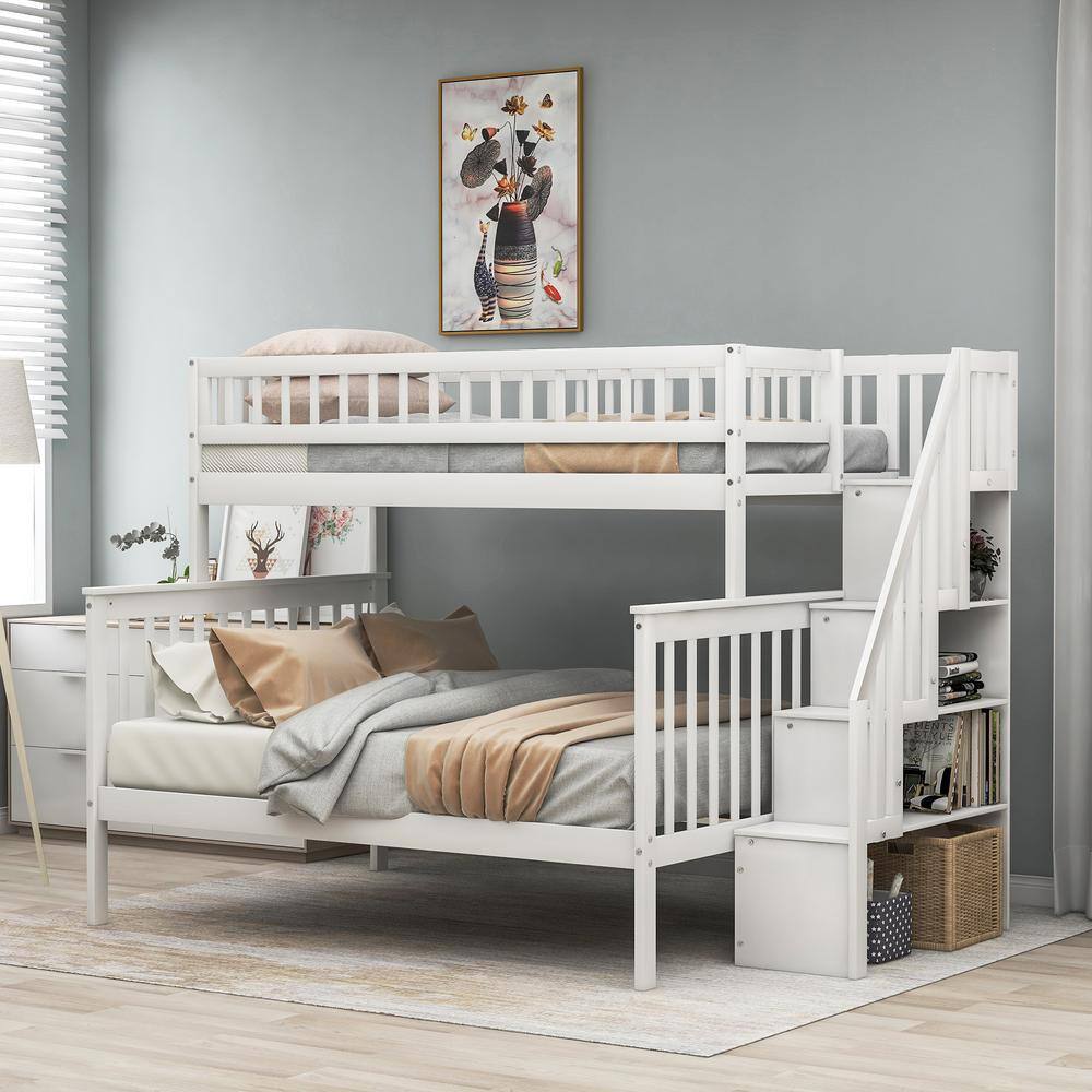 White Twin Over Full Stairway Bunk Bed, Twin Over Full Stairs Bunk Bed With Trundle
