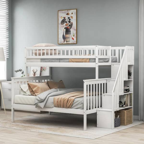 White Twin Over Full Stairway Bunk Bed, Bunk Bed Twin Over Full With Stairs And Storage