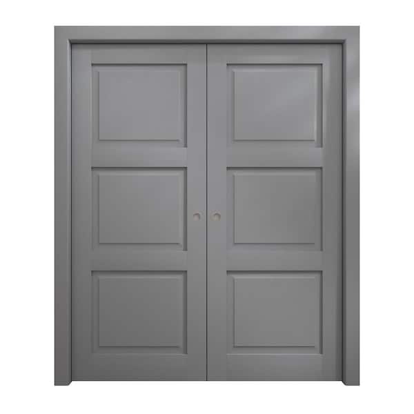 Sartodoors 84 in. x 80 in. Painted Grey Oak Solid Wood Double Pocket Doors With Hardware