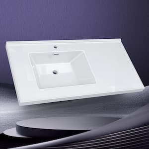 42 in. W x 22 in. D Solid Surface Stone Countertop One-Piece Rectangular Left Single Sink Vanity Top in White with Basin