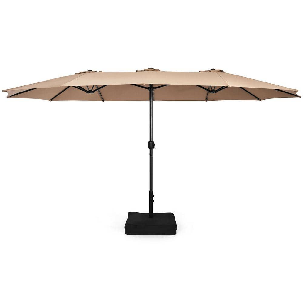 15 ft. Iron Market Double-Sided Twin Patio Umbrella with Crank in Brown