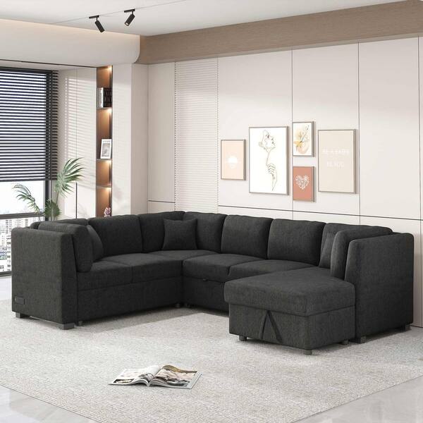 108.6 in. Square Arm Chenille Sectional Sofa with 2 USB Ports, 2 Power Sockets, 3 Back Pillows in. Black