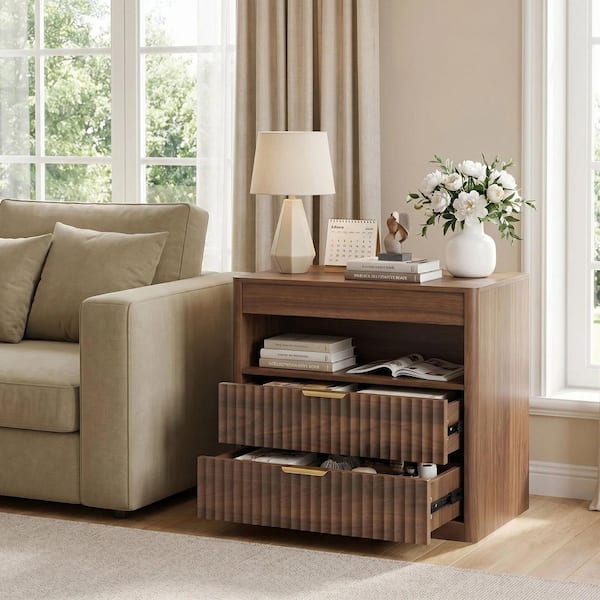 Classic Walnut 2-Drawer 27.55 in. W MDF Nightstand with Open Storage and Pull-out Shelf