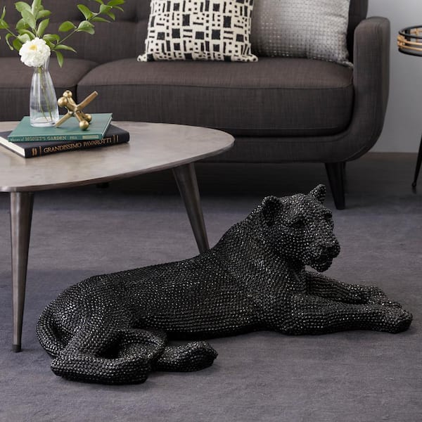 Litton Lane Black Polystone Floor Leopard Sculpture with Carved Faceted Diamond Exterior