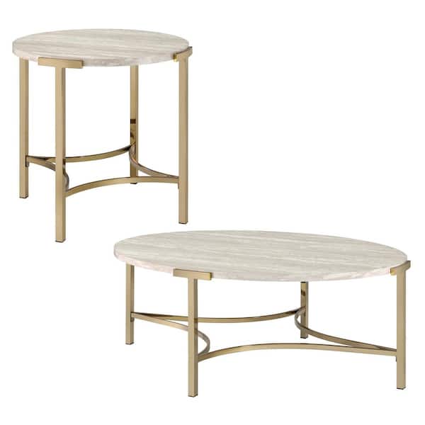 Furniture of America Loomic 48 in. Champagne and White Oval Wood Coffee Table Set (2-Piece)