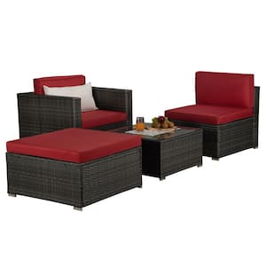 Brown 4-Piece Wicker Patio Conversation Set Outdoor Sectional Sofa with Red Cushions and Coffee Table