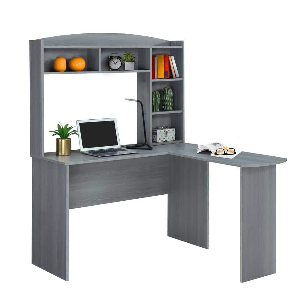Modern Gray L-Shaped Desk with Hutch and Storage