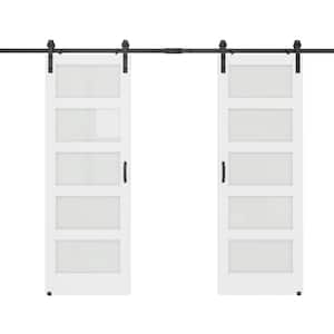 60 in. x 96 in. (Two 30 in. Slabs) 5-Lite Tempered Frosted Glass White Rimed MDF Wood Sliding Barn Door Hardware Kit