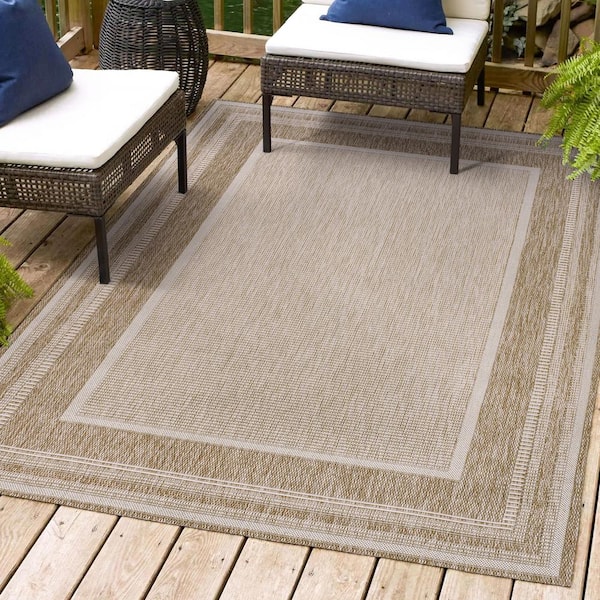 Beckett Classic Casual Border Stripe Beige/Cream 8 ft. x 10 ft. Indoor/Outdoor Area Rug