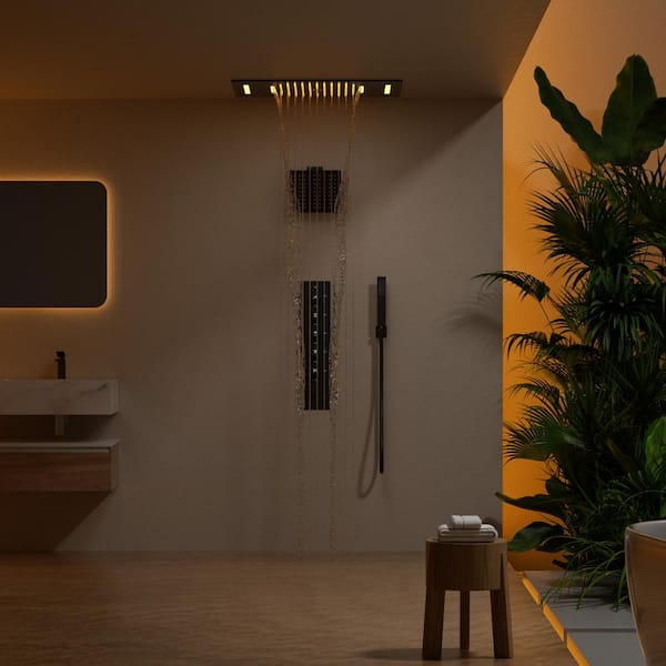 Aurora 23 x 15 in. Mood Light Speaker Shower System with 8 in. Shower Head, Handheld, Thermostatic Valve in Matte Black