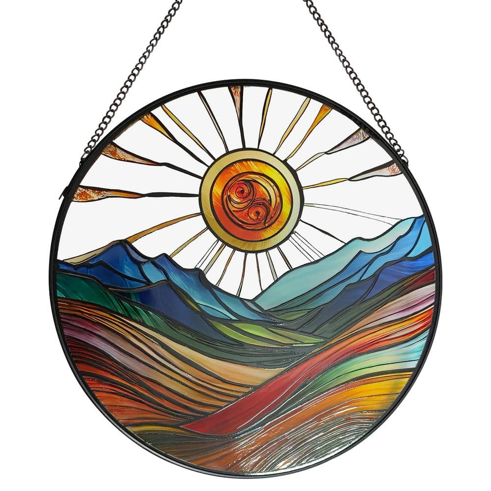 9.8 in. Sun Mountains Stained Boho Glass Panel Round Wall Art Decor for Cou