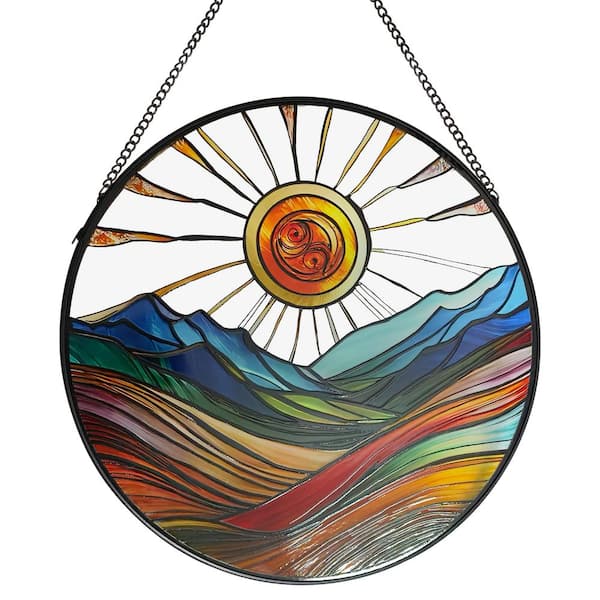 Angel Sar 9.8 in. Sun Mountains Stained Boho Glass Panel Round Wall Art Decor for Couples Housewarming Gift