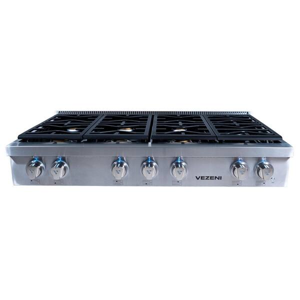 Randolph Pro 48 in. Natural Gas Cooktop in Stainless Steel with 7-German Made Burners, LED Knobs, Cast Iron Grates