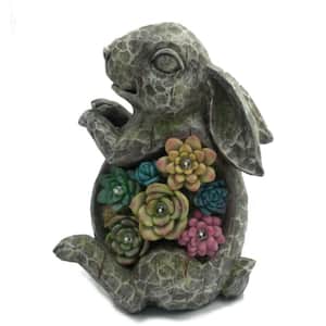 1-Light 10 in. Integrated LED Solar Powered Wood Look Bunny Rabbit with Colorful Succulents