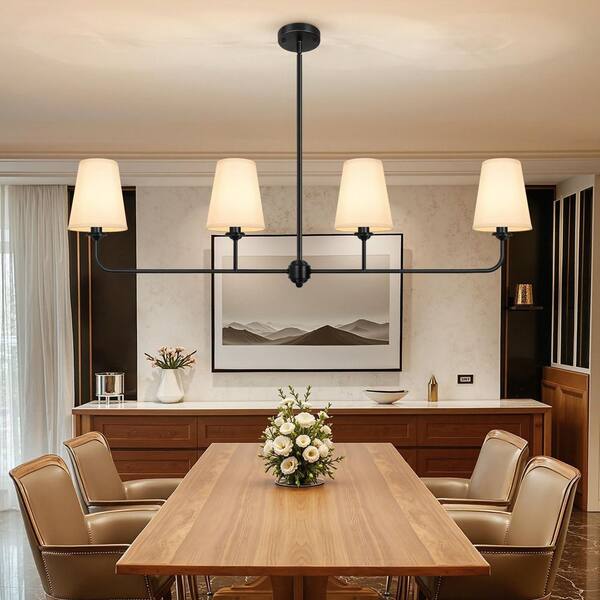 Brightever 4-Light Linear Chandelier - Black Modern Pendant Light With White Fabric Shades