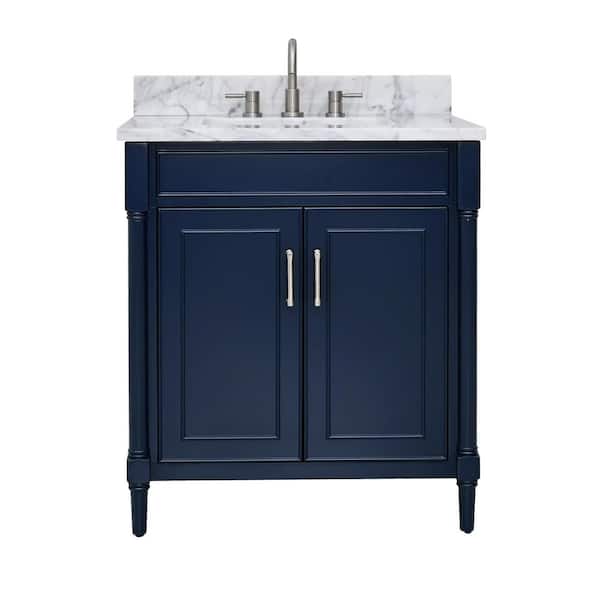 Avanity Bristol 31 in. Single Sink Navy Blue Bath Vanity with Carrara White Marble Top