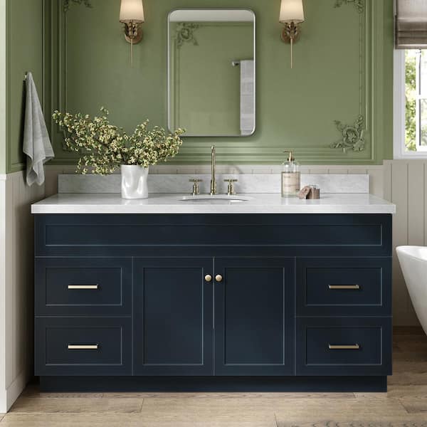 ARIEL Hamlet 67 in. W x 22 in. D x 36 Single Sink Freestanding Bath Vanity in Midnight Blue with Carrara White Marble Top