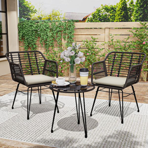 Esunny 3-Piece Wicker Outdoor Patio Conversation Sets with 2-Armchairs, 1-Round Table and Beige Cushions