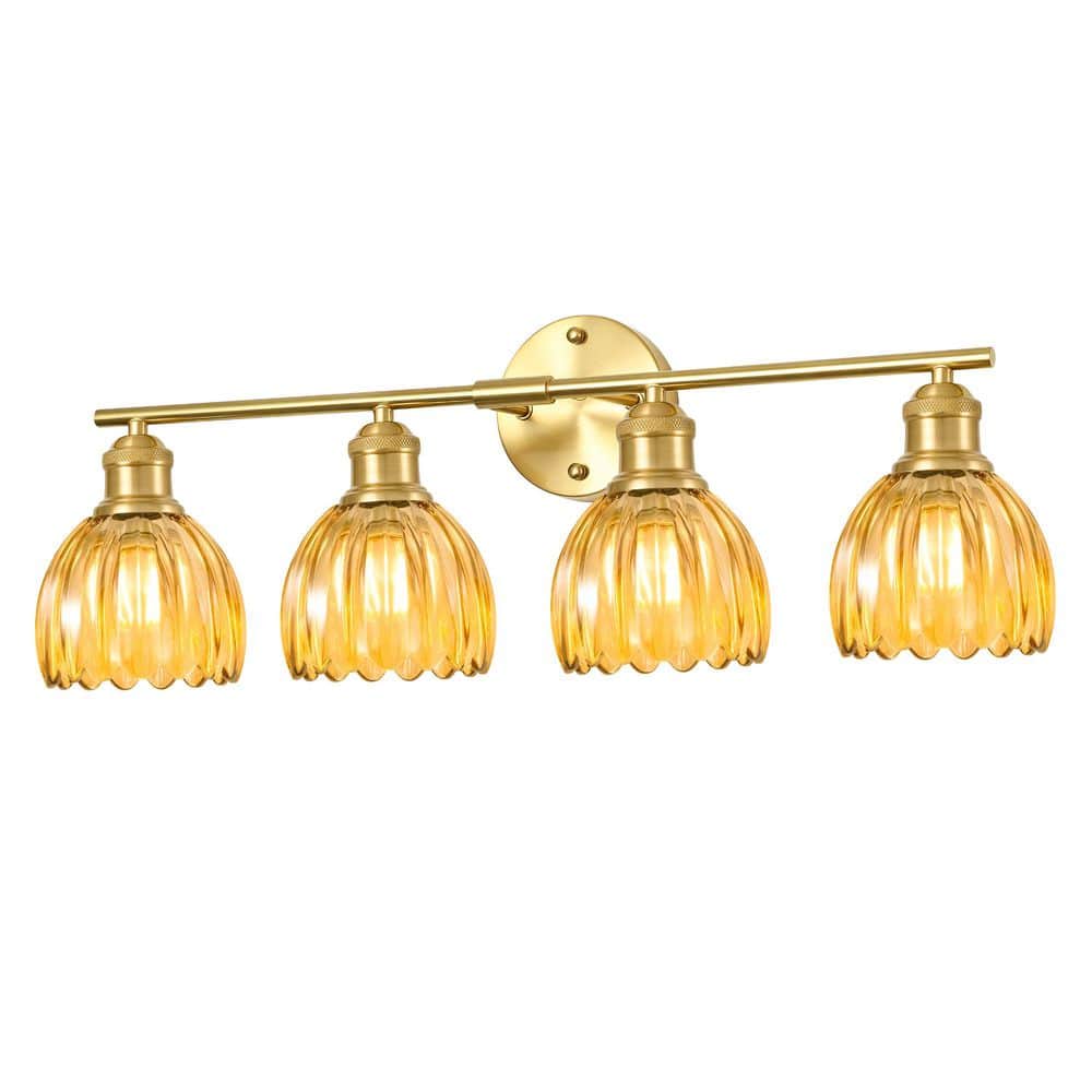 26.3 in. 4-Light Brushed Brass and Amber Bathroom Vanity Light Fixture with Tulip Glass Wall Sconce price history on PriceWatchPro