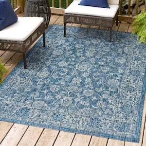 Tela Bohemian Navy/Gray 3 ft. 1 in. x 5 ft. Textured Weave Floral Indoor/Outdoor Area Rug