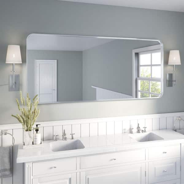 72 in. W x 32 in. H Rectangular Aluminum Framed Wall Bathroom Vanity Wall Mount Mirror in Silver