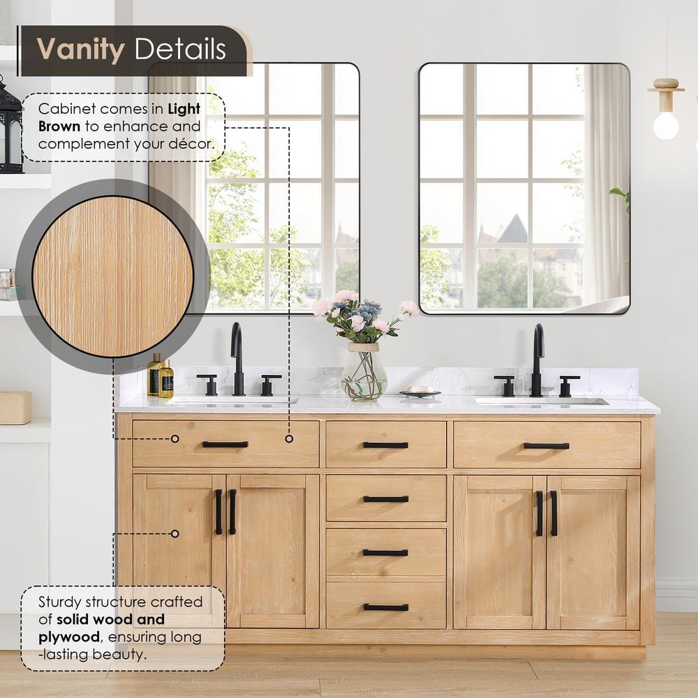 Gavino 72" Light Brown Wood Double Vanity with Composite Stone Top