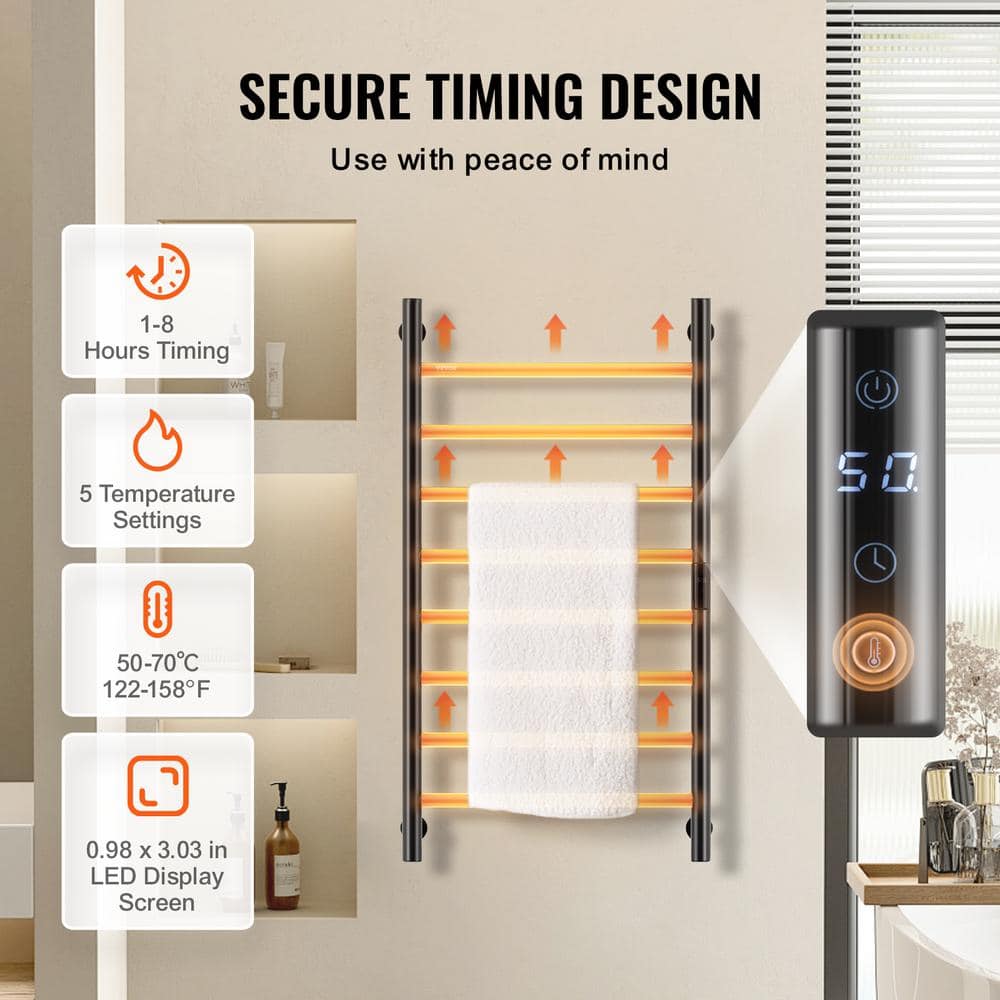 Black Wall Mounted Stainless Steel Heated Towel Rack with Timer
