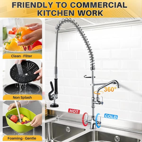 Brass Commercial 39. 9in. H Deck Mount Triple Handle Pull Down Sprayer Kitchen Faucet with Pre-Rinse Sprayer in Chrome