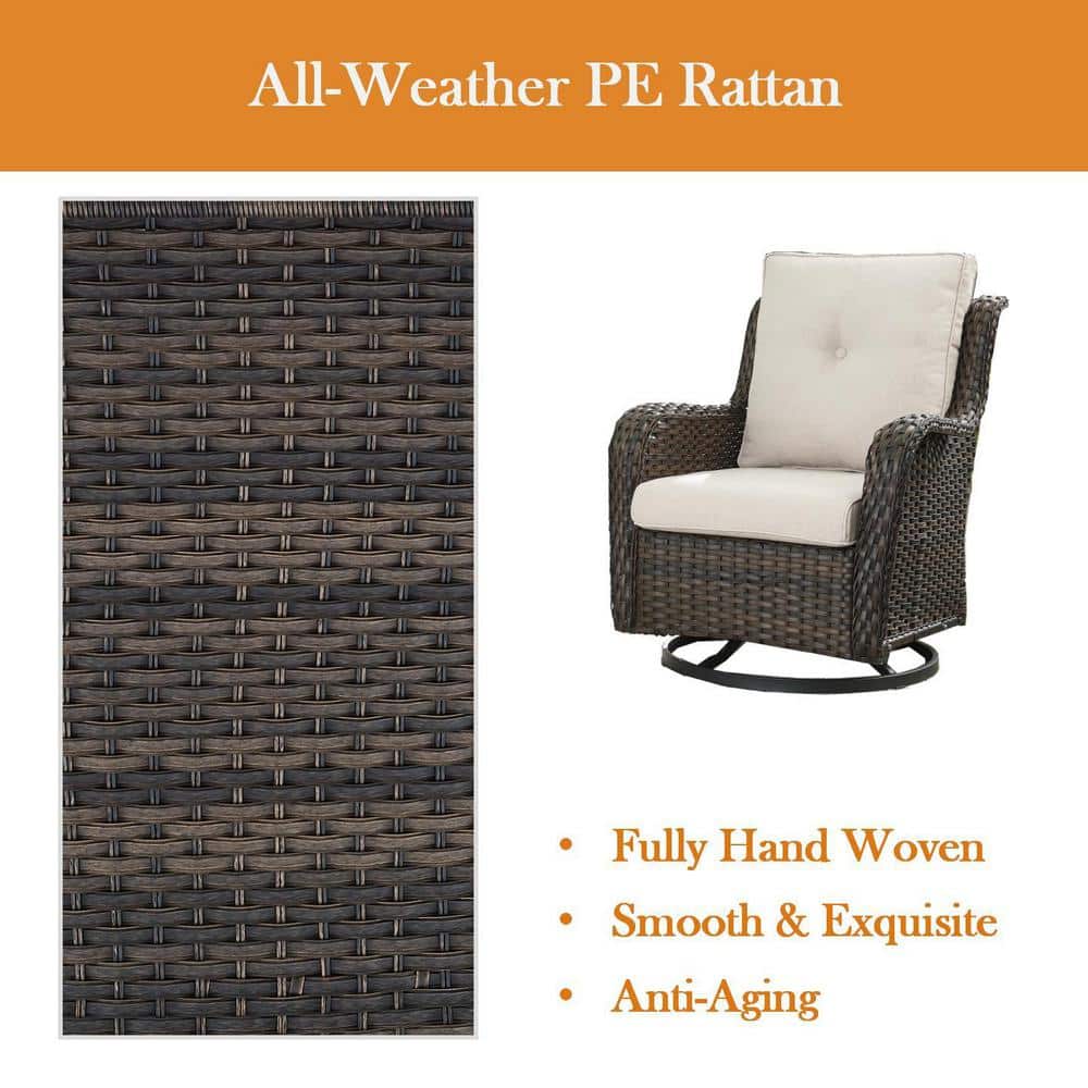 Brown Wicker Swivel Glider Club Chairs with Beige Cushions