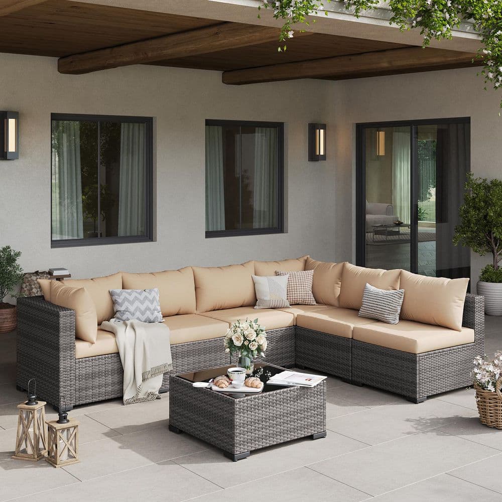 ELPOSUN 7-Piece Outdoor Wicker Patio Conversation Set with Beige Cushions HDNBCS111GBEOS-7