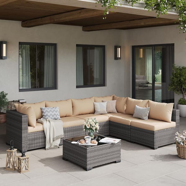 7-Piece Outdoor Wicker Patio Conversation Set with Beige Cushions