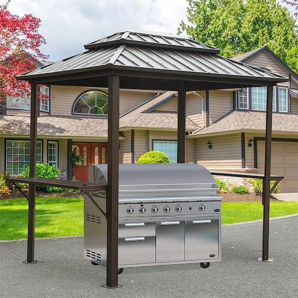 ToolCat 6 ft. x 8 ft. Brown Metal Frame with Shelves Serving Tables Aluminum BBQ Gazebo