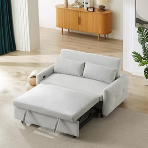 57.4 in. Light Blue Corduroy Fabric Twin Size Pull-out Sofa Bed Convertible Loveseat with 2 Throw Pillows and USB Ports