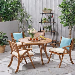 Hermosa 30 in. Teak Brown 5-Piece Wood Round Outdoor Dining Set with Cream Cushions
