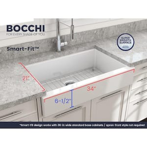 Nuova Pro 34 in. Short Apron Drop-In/Undermount Single Bowl White Fireclay Kitchen Sink with Grid in. Strainer