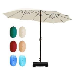 15 ft. Beige Market Double Side Patio Umbrella with Base and Sandbag