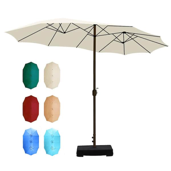 Aoodor 15 ft. Beige Market Double Side Patio Umbrella with Base and Sandbag
