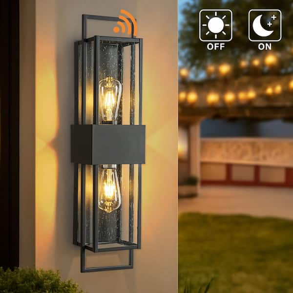 H26 in. 2-Light Modern Outdoor Wall Light w/ Dusk to Dawn Sensor Black Exterior Wall Lantern with Seeded Glass for Porch