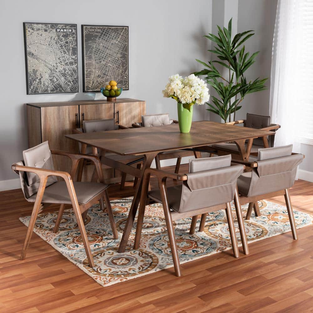 Marcena Walnut Brown 7-Piece Dining Set with Grey Button-Tufted Chairs