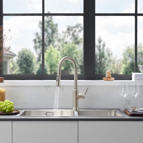 Oribe Brushed Nickel 18 in. H Pull Down Sprayer Kitchen Faucet with 360° Spout Swivel