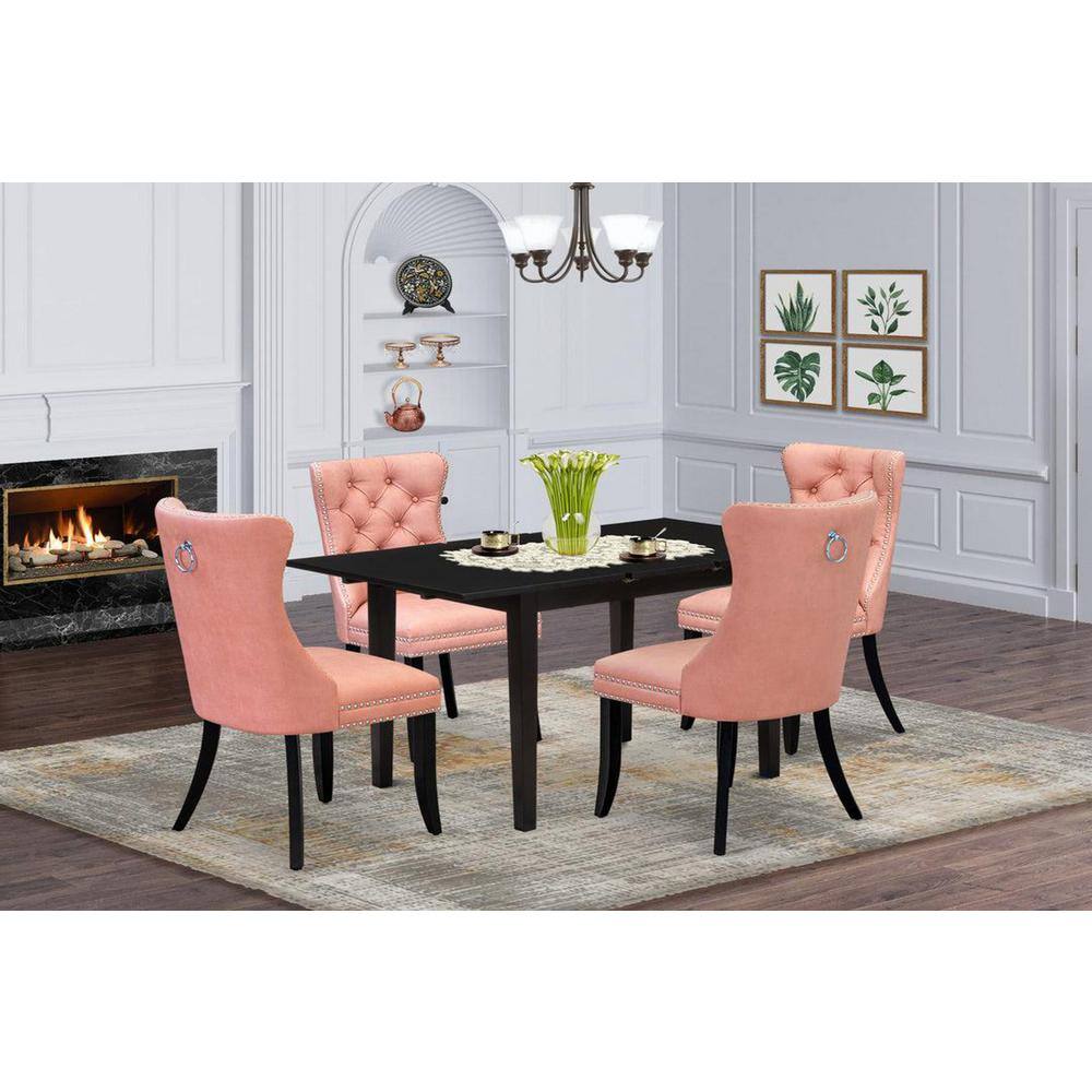 5-Piece Black Finish Solid Wood Top - Rectangular Dining Room Set with Butterfly Leaf - Seats 4