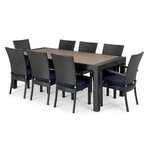 Deco 9-Piece Wicker Outdoor Dining Set with Blue Cushions