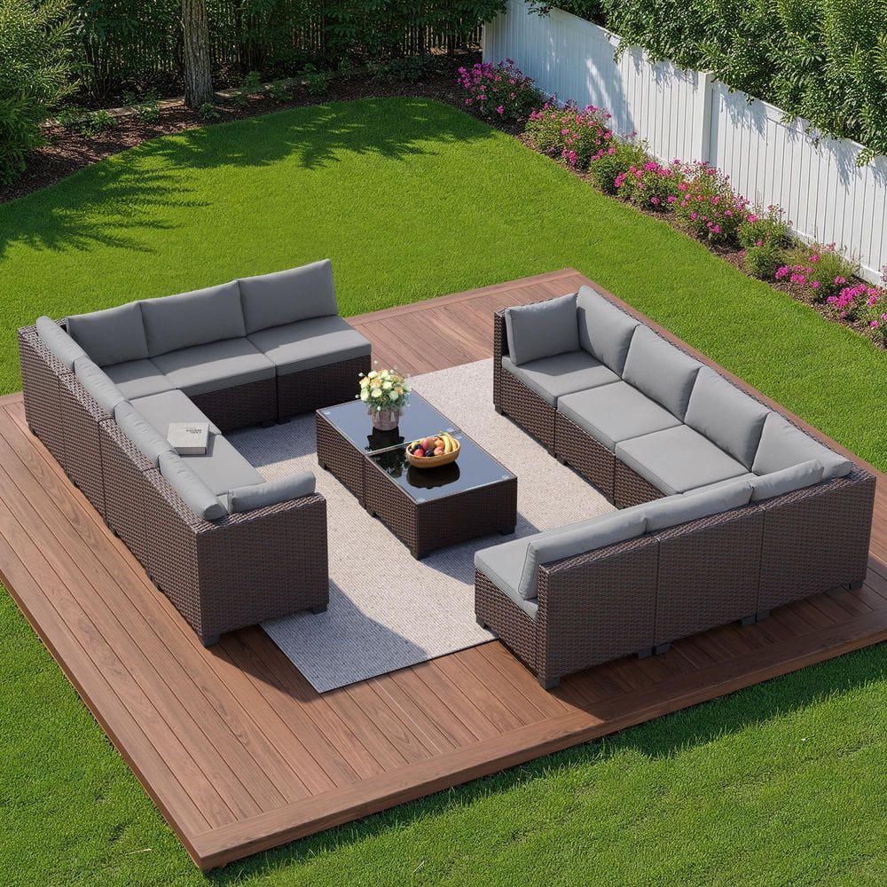 14-Piece Rattan Wicker Outdoor Sectional Sofa Conversation Set with Glass Coffee Table for Patio Poolside, Gray price history on PriceWatchPro