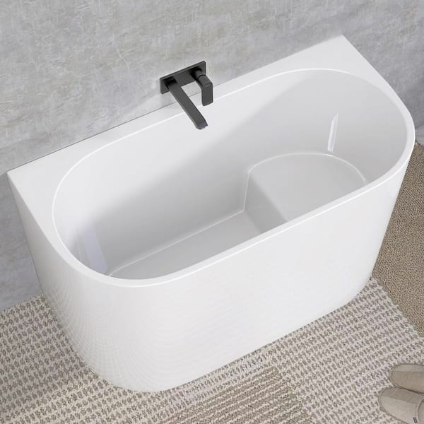 47 in. Acrylic Freestanding Deep Soaking Bathtub Oval Flatbottom Tub with Center Chrome Drain and Interior Seat in White