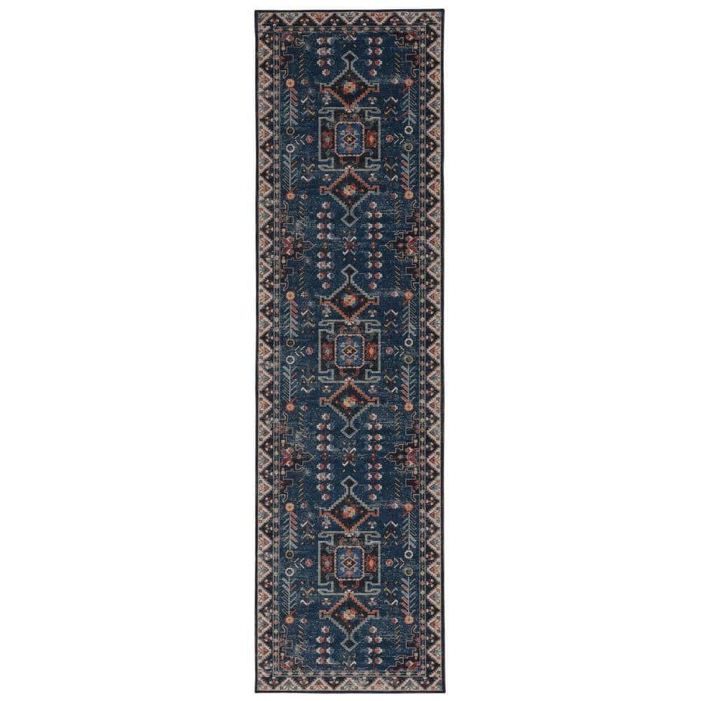 Washable Landon Teal and Ivory 2 ft. x 8 ft. Distressed Polyester Runner Ru
